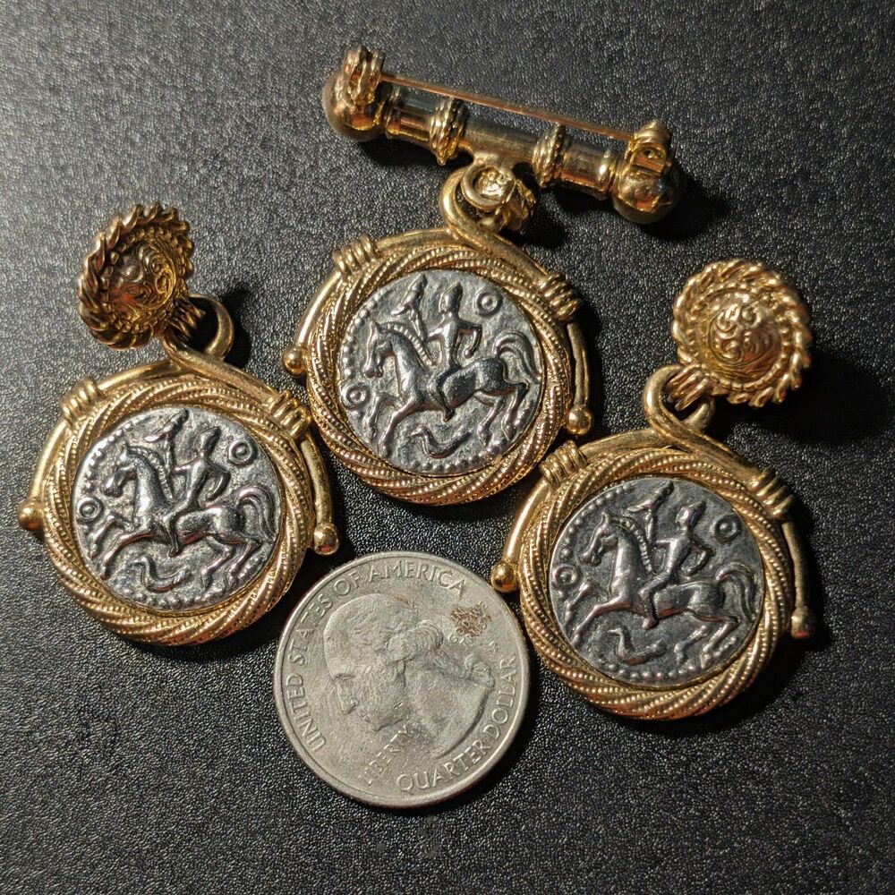 Vintage Greek Roman Coin Brooch Pin & Drop Earrings Set Two Tone Equestrian